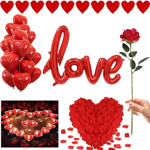 Romantisches Deko Set, 50 Teelichter Herz Girlande 1000 Rosenblätter, 20 Luftballons in Herzform | XXXL LOVE Folienballon Valentinstag Deko für Valentinstag Hochzeit oder Verlobung von Larber