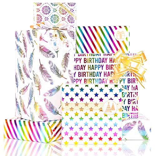 Larcenciel Geburtstag Geschenkpapier 5 Blatt, Metallisches Glitzer-Geschenkpapier mit Geschenkschleife + Aufkleber, Bunte Sterne Federmuster Gschenkverpackung für Feiertag, Party, DIY (70 x 50 cm) von Larcenciel
