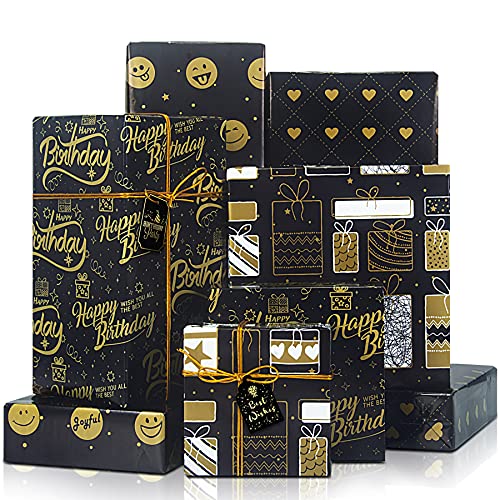 Larcenciel Geburtstag Geschenkpapier Set, Geschenkverpackung Papier 4 Blatt mit 4 Stück Etikett + 1 Rolle Packseil Schwarzgold-Design Geschenkpapier für Abschlussfeiern, Babyparty (70 x 50 cm) von Larcenciel