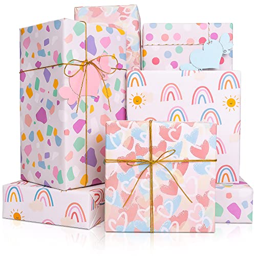 Larcenciel Geschenkpapier 4 Blatt, Regenbogen/Polka Dots/Herzmuster Geschenkpapier mit Geschenkanhänger, Buntes Gefaltetes Papier, Geschenkverpackung für Geburtstag, Baby Shower (70 x 50 cm) von Larcenciel