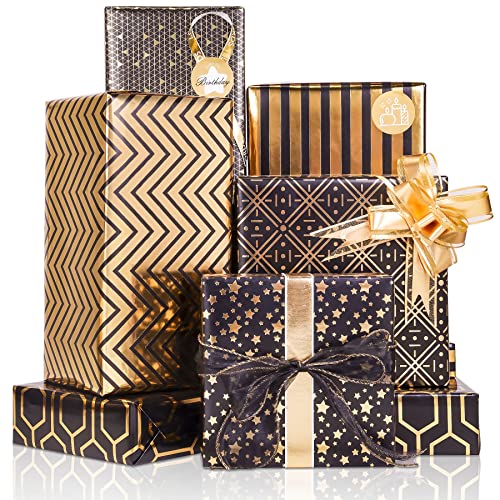 Larcenciel Geschenkpapier 6 Blatt, Metallisch Schwarz-Goldenes Geschenkpapier mit mit Geschenkschleife & Aufkleber, Glänzende Edle Geschenkverpackung für Geburtstag, Urlaub, Abschluss (70 x 50 cm) Larcenciel Geschenkpapier 6 Blatt, Metallisch Schwarz-Goldenes Geschenkpapier mit mit Geschenkschleife & Aufkleber, Glänzende Edle Geschenkverpackung für Geburtstag, Urlaub, Abschluss (70 x 50 cm) von Larcenciel