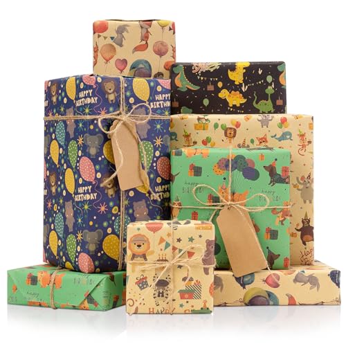Larcenciel Geschenkpapier Geburtstag, Lustige Tierparty Kraftpapier Geschenkpapier Kinder, Süßes Cartoon Geschenkverpackung mit Dino Welpe Fuchs Löwe für Geburtstag, Jahrestag, Party, 6 Blatt 70x50cm Larcenciel Geschenkpapier Geburtstag, Lustige Tierparty Kraftpapier Geschenkpapier Kinder, Süßes Cartoon Geschenkverpackung mit Dino Welpe Fuchs Löwe für Geburtstag, Jahrestag, Party, 6 Blatt 70x50cm von Larcenciel