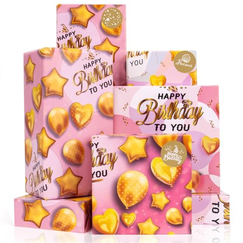 Larcenciel Geschenkpapier Geburtstag, Rosa Geschenkpapier mit Aufkleber, Herzen Stern Luftballon Vintage Geschenkpapier für Mädchen Kinder, Geschenkverpackungen für Baby Shower Party (70x50cm, 4Blatt) von Larcenciel