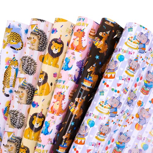 Larcenciel Geschenkpapier Geburtstag, Verpackungspapier mit Tiermotiven, Geschenkpapier Kinder Dino Pferd Elefant Leopard Igel Löwe, Geschenkpapier Baby für Mädchen Junge Urlaub, 6 Blatt, 70x50cm Larcenciel Geschenkpapier Geburtstag, Verpackungspapier mit Tiermotiven, Geschenkpapier Kinder Dino Pferd Elefant Leopard Igel Löwe, Geschenkpapier Baby für Mädchen Junge Urlaub, 6 Blatt, 70x50cm von Larcenciel