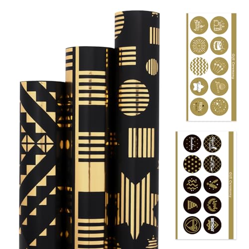 Larcenciel Geschenkpapier Rolle, Schwarz Gold Geburtstag Geschenkpapier mit Aufkleber, Metallisch Geometrische Sterne Geschenkpapier Packpapier Rolle für Hochzeit Weihnachten Urlaub (300x43cm,3Rolle) Larcenciel Geschenkpapier Rolle, Schwarz Gold Geburtstag Geschenkpapier mit Aufkleber, Metallisch Geometrische Sterne Geschenkpapier Packpapier Rolle für Hochzeit Weihnachten Urlaub (300x43cm,3Rolle) von Larcenciel