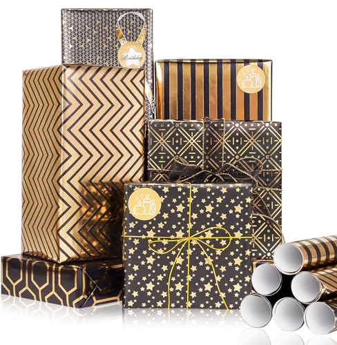 Larcenciel Geschenkpapier Rolle, Schwarz Gold Geschenkpapier Geburtstag mit Aufkleber, Metallic Sternen Verpackungsmaterial Edel Geschenkverpackung für Hochzeit, Party, Weihnachten, (6 Blatt 100x43cm) Larcenciel Geschenkpapier Rolle, Schwarz Gold Geschenkpapier Geburtstag mit Aufkleber, Metallic Sternen Verpackungsmaterial Edel Geschenkverpackung für Hochzeit, Party, Weihnachten, (6 Blatt 100x43cm) von Larcenciel
