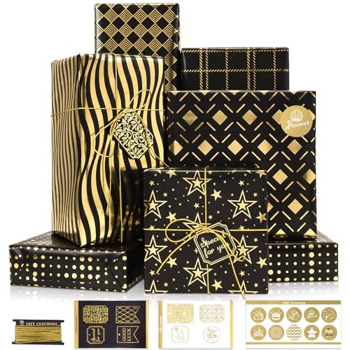 Larcenciel Geschenkpapier Set, 6 Blatt Metallic Geschenkpapier Schwarz Gold mit Aufkleber Geschenkanhänger, Geschenkverpackung Papier Glitzer mit Sternen Wellen für Geburtstage, Party, Ferien, 70x50cm Larcenciel Geschenkpapier Set, 6 Blatt Metallic Geschenkpapier Schwarz Gold mit Aufkleber Geschenkanhänger, Geschenkverpackung Papier Glitzer mit Sternen Wellen für Geburtstage, Party, Ferien, 70x50cm von Larcenciel