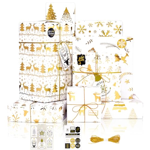 Larcenciel Geschenkpapier Weihnachten Set, 6 Bögen Metallic Glitzer Weihnachtsgeschenkpapier Gold, Eleganter Weihnachtsbaum Schneeflocke Elch Weihnachtspapier für Neujahr, Ferien, Geburtstage, 70x50cm Larcenciel Geschenkpapier Weihnachten Set, 6 Bögen Metallic Glitzer Weihnachtsgeschenkpapier Gold, Eleganter Weihnachtsbaum Schneeflocke Elch Weihnachtspapier für Neujahr, Ferien, Geburtstage, 70x50cm von Larcenciel