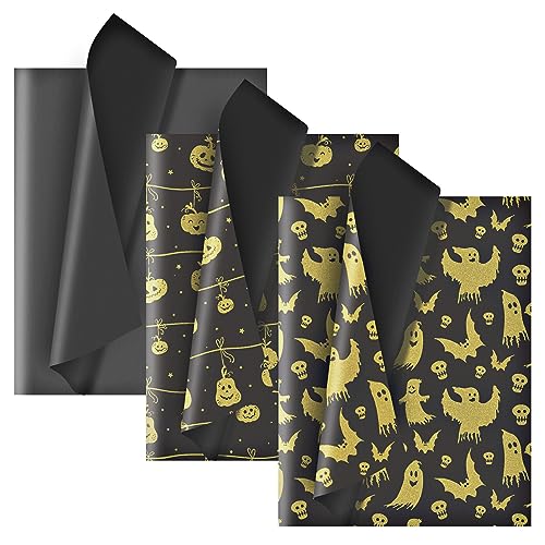Larcenciel Seidenpapier 60 Blatt, Halloween Seidenpapier zum Verpacken, Schwarzes Gold Glitzer Papier mit Kürbis Fledermaus Geschenkpapier Verpackungsmaterial für Geschenk Geschenktüten, 50×35cm Larcenciel Seidenpapier 60 Blatt, Halloween Seidenpapier zum Verpacken, Schwarzes Gold Glitzer Papier mit Kürbis Fledermaus Geschenkpapier Verpackungsmaterial für Geschenk Geschenktüten, 50×35cm von Larcenciel
