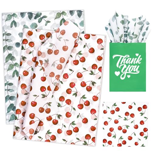Larcenciel Seidenpapier 60 Blatt, Rot Grün Seidenpapier Verpackungsmaterial zum Verpacken, Bunt Packseide Papier mit Kirsche & Blatt Muster, Geschenkpapier für Geburtstag, Party, DIY Craft, 50x35CM Larcenciel Seidenpapier 60 Blatt, Rot Grün Seidenpapier Verpackungsmaterial zum Verpacken, Bunt Packseide Papier mit Kirsche & Blatt Muster, Geschenkpapier für Geburtstag, Party, DIY Craft, 50x35CM von Larcenciel
