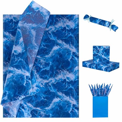 Larcenciel Seidenpapier Aquarell Blau, Ozean Wellen Seidenpapier Verpackungsmaterial, Wassermustermotiv Geschenkpapier für Hochzeit, Kieler Woche, Basteln, Partydeko, Füllmaterial,30 Blatt 50x35 CM von Larcenciel