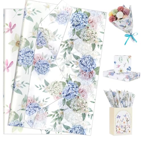 Larcenciel Seidenpapier Aquarell Blume, 60 Blatt Vintage Wildblumen Seidenpapier Verpackungsmaterial, Hübsch Hortensie Rose Geschenkpapier für Geburtstage Babyparty Hochzeit Jubiläen Basteln, 50x35CM von Larcenciel
