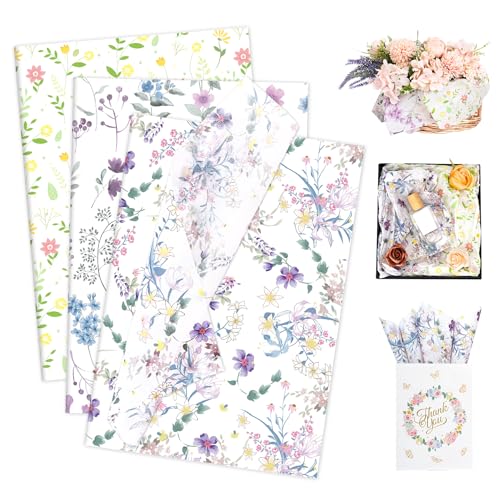 Larcenciel Seidenpapier Set，60 Blatt Bunt Seidenpapier Verpackungsmaterial für Geschenke, Geschenkpapier mit Blumen Muster, Packseide Verpackungspapier für Geburtstag Hochzeit Ostern Party (50x35CM) von Larcenciel