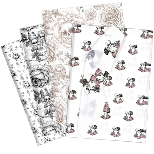 Larcenciel Totenkopf und Rosen Seidenpapier, 60 Blatt Zuckerschädel Blumen Seidenpapier Verpackungsmaterial, Schwarz Weiß Braun Schädel Geschenkpapier für Halloween Neujahr Basteln Partydeko, 50x35CM von Larcenciel
