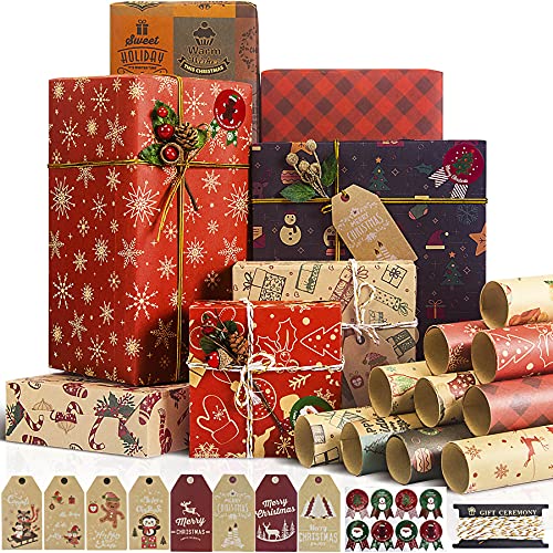 Larcenciel Weihnachten Geschenkpapier Set, 10 Blatt Weihnachtspapier + Geschenkanhänger + Aufkleber + Packseil, Kraftpapier mit Weihnachtselementen Geschenkverpackung für Party (70 x 50 cm) von Larcenciel