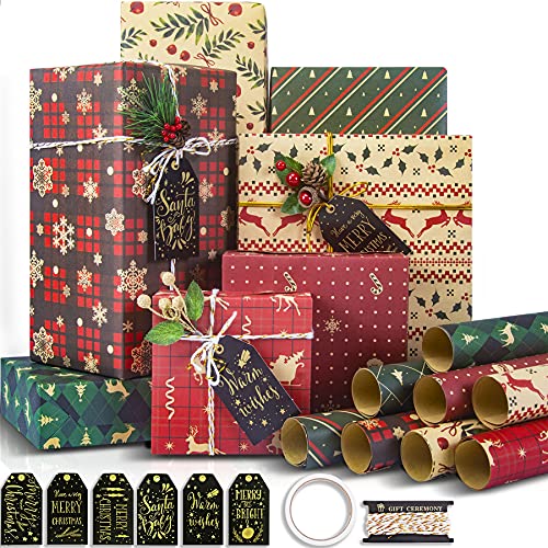 Larcenciel Weihnachten Geschenkpapier Set, 8 Blatt Kraft Geschenkpapier + Geschenkanhänger + Packseil, Kraftpapier mit Davidshirsch-Muster Weihnachtspapier Geschenkverpackung Papier (70 x 50 cm) von Larcenciel