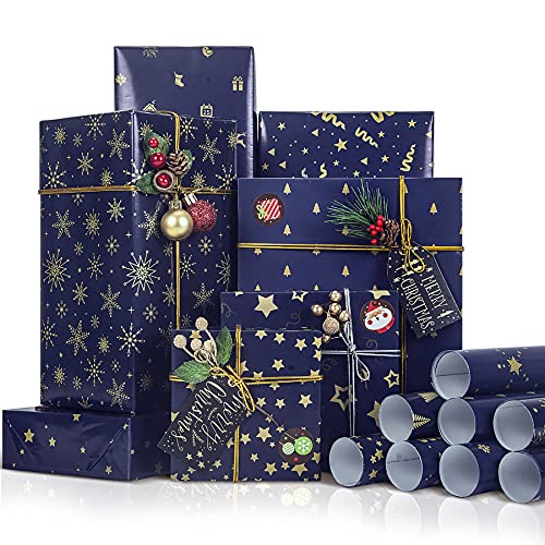Larcenciel Weihnachten Geschenkpapier Set, Geschenkpapier + Aufkleber + Packseil, 8 Design 43x100CM Verpackt in Einer Rolle, Ruhiges Dunkelblaues Weihnachtspapier Geschenkverpackungen für Party von Larcenciel