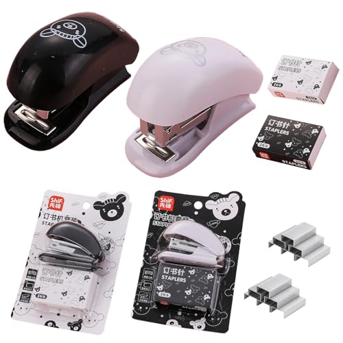 LaresDay Mini Hefter Set 2 Stück mit 1000 Klammern (24/6 &,26/6) Niedliche Comic-Tacker für Schüler Büro, 2-24 Blatt Kapazität, Integrierter Entferner, Leicht & Ergonomisch (Schwarz und weiß) von LaresDay