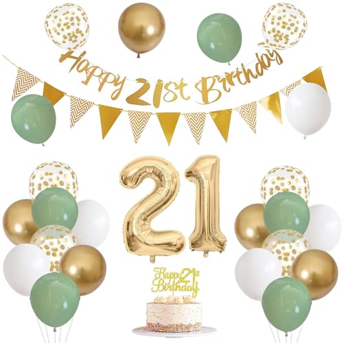 Larfraecy 21.Geburtstag Dekorationen,Luftballons Geburtstag Dekoration Set,Alles Gute zum 21.Geburtstag Banner,Tortenaufleger,Konfetti Luftballon Birthday Decorations für Geburtstag Party (Grün) von Larfraecy