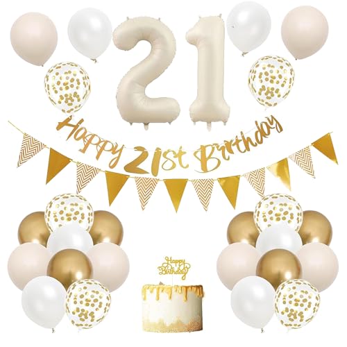 Larfraecy 21.Geburtstag Dekorationen,Luftballons Geburtstag Dekoration Set,Alles Gute zum 21.Geburtstag Banner,Tortenaufleger,Konfetti Luftballon Birthday Decorations für Geburtstag Party (Weiß) von Larfraecy