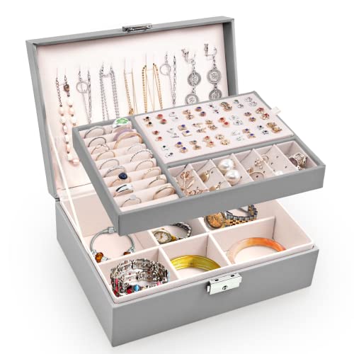 Larkumio Schmuckkästchen Mädchen Damen Groß, Schmuckaufbewahrung Schmuckkasten Sperren Schmuckschatulle, PU Leder Schmuckkiste 2 Schicht Jewelry Box Schmuckbox für Halsketten Ohrring Ring, Grau von Larkumio