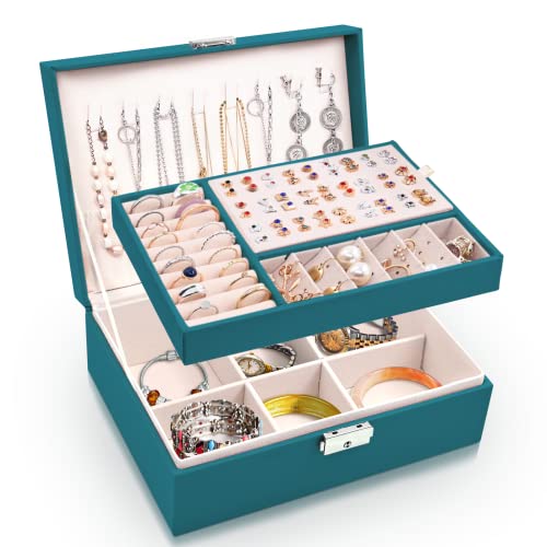 Larkumio Schmuckkästchen Mädchen Damen Groß, Schmuckaufbewahrung Schmuckkasten Sperren Schmuckschatulle, PU Leder Schmuckkiste 2 Schicht Jewelry Box Schmuckbox für Halsketten Ohrring Ring, Grün von Larkumio