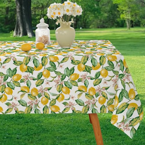 Larponder Sommer-Tischdecke mit Zitronenmuster, rechteckig, Obst- und Blumenmuster, fleckenabweisend, knitterfrei, waschbar, weiche Tischdecke für Party, Picknick, Hochzeit, Innen- und Außenbereich von Larponder