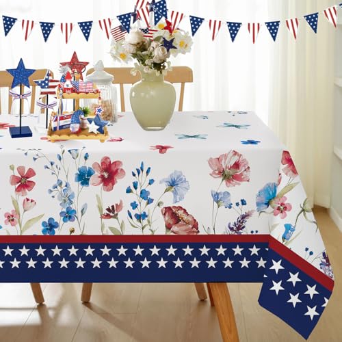 Larponder Tischdecke 4. Juli, 152,4 x 253,9 cm, blaue und rote Blume, Schmetterling, Tischdecke, rechteckig, für Amerika, patriotischer Gedenktag, Unabhängigkeitstag, für Party, Picknick, Innen- und von Larponder