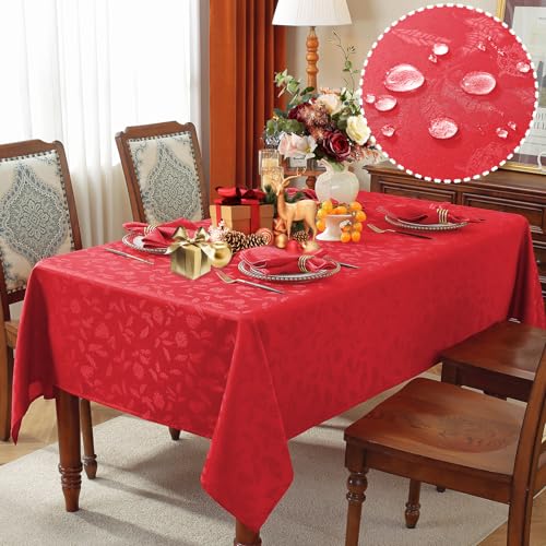 Larponder Weihnachtstischdecke, rechteckig, Jacquard-Stechpalmenbeeren und Tannenzapfen, waschbare und auslaufsichere Tischdecke für Party, Picknick, Winterurlaub (Rechteck, 152,4 x 259,1 cm, Rot) von Larponder