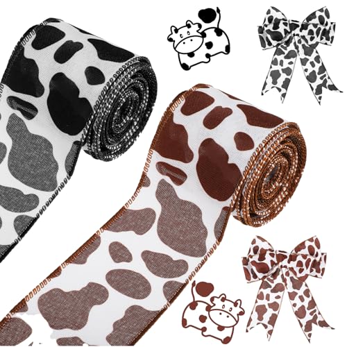 2 Rollen Kuh-Druckband, Kuhband, schwarz-weiß-brauner Stoff, Kühe mit Punkten, Geschenkpapier-Bänder, Tierdruck, Draht-Zubehör zum Verpacken von Geschenken, Kranz, Basteln, Themenparty, Schleife, DIY von Larrel