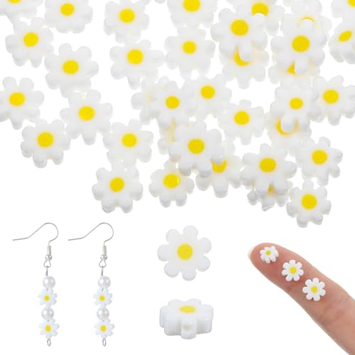 50 Stück Blumenperlen, weiße Gänseblümchen-Perlen zur Schmuckherstellung, handgefertigte Glasperlen, flache Blumen, Kristall, lose Abstandshalter, Perlen mit Loch für Armbänder, Halsketten, Ohrringe 50 Stück Blumenperlen, weiße Gänseblümchen-Perlen zur Schmuckherstellung, handgefertigte Glasperlen, flache Blumen, Kristall, lose Abstandshalter, Perlen mit Loch für Armbänder, Halsketten, Ohrringe von Larrel