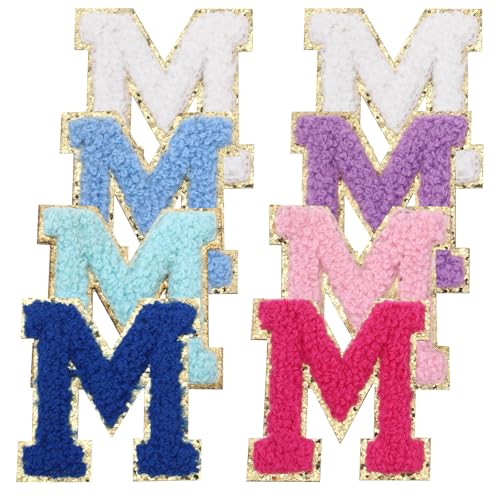 Chenille-Buchstaben-Aufnäher, selbstklebende Buchstaben-Aufnäher, zum Aufbügeln, flauschige Buchstaben mit goldenem Glitzerrand, 7 Farben, Alphabet M für Kleidung, Taschen und Stoff, 8 Stück Chenille-Buchstaben-Aufnäher, selbstklebende Buchstaben-Aufnäher, zum Aufbügeln, flauschige Buchstaben mit goldenem Glitzerrand, 7 Farben, Alphabet M für Kleidung, Taschen und Stoff, 8 Stück von Larrel