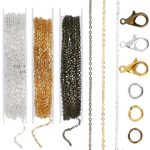 Ketten zur Schmuckherstellung, 3 Rollen, Edelstahlketten für Schmuckherstellung, Metallgliederrollen, Großpackung mit 30 Karabinerverschlüssen und 60 Biegeringe für DIY-Halsketten, Armbänder von Larrel