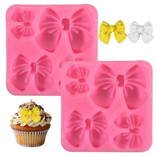 Larrel 2 Stück Schleifen Schokoladen Form, 7 x 7 x 1 cm Mini Silikon Schleifen Form Rosa Fondant Formen Wiederverwendbare DIY Backdekozubehör für Kuchen, Gelee, Schokolade, Pudding, Fondant von Larrel