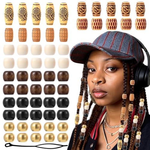 Larrel 60 Stück Holzperlen, Retro Haar Perlen Geschnitzten Holzperlen verschiedene Formen Goldener Haarschmuck für Zöpfe Holz Bastelperlen Haarschlauch Dekoration für Haarzöpfe DIY-Bastelarbeiten von Larrel