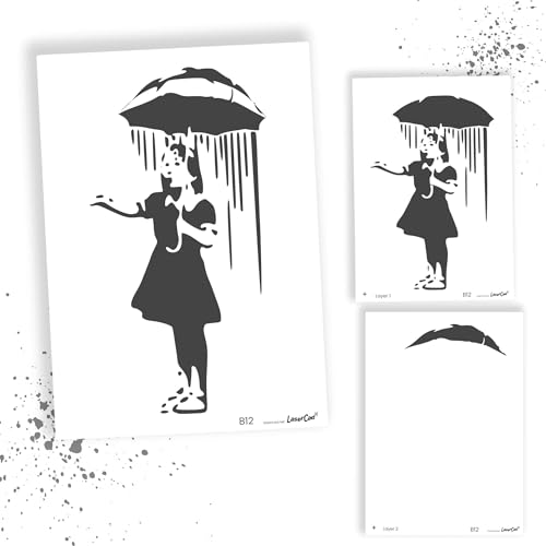 LaserCad Schablonen BANKSY Streetart (B012, Umbrella Girl Nola (2 layer), DIN A2) Stencil für Graffiti, Airbrush, Kunst, Deko, zum Malen von LaserCad