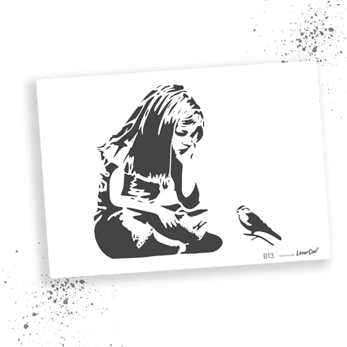 LaserCad Schablonen BANKSY Streetart (B013, Girl and Bird, DIN A2) Stencil für Graffiti, Airbrush, Kunst, Deko, zum Malen von LaserCad