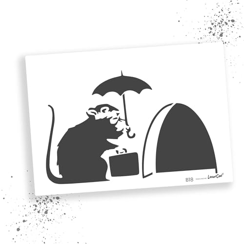 LaserCad Schablonen BANKSY Streetart (B018, Umbrella Rat with Suitcase, DIN A2) Stencil für Graffiti, Airbrush, Kunst, Deko, zum Malen von LaserCad