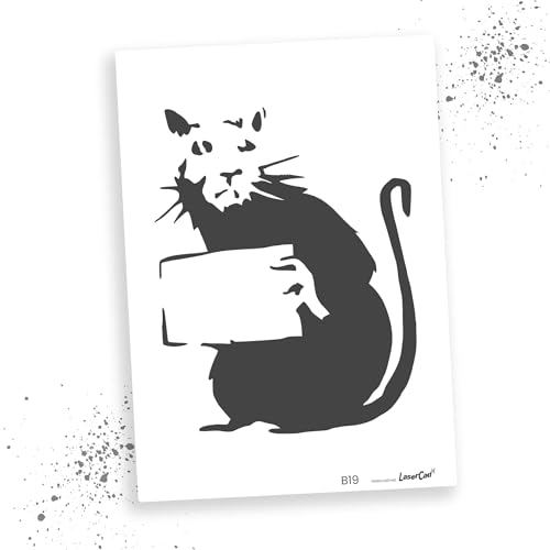 LaserCad Schablonen BANKSY Streetart (B019, Rat with Sign, DIN A6) Stencil für Graffiti, Airbrush, Kunst, Deko, zum Malen von LaserCad