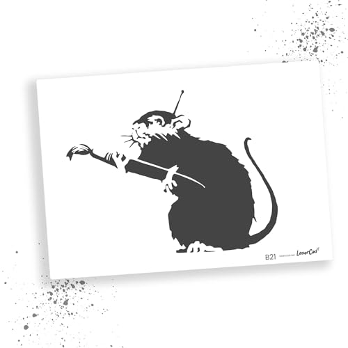LaserCad Schablonen BANKSY Streetart (B021, Rat with Brush, DIN A2) Stencil für Graffiti, Airbrush, Kunst, Deko, zum Malen von LaserCad