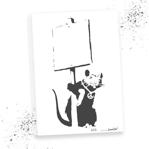 LaserCad Schablonen BANKSY Streetart (B025, Rat holding Sign, DIN A7) Stencil für Graffiti, Airbrush, Kunst, Deko, zum Malen von LaserCad