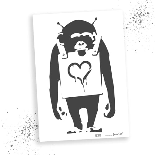 LaserCad Schablonen BANKSY Streetart (B028, Ape with Heart Sign, DIN A3) Stencil für Graffiti, Airbrush, Kunst, Deko, zum Malen von LaserCad