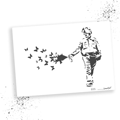 LaserCad Schablonen BANKSY Streetart (B035, Cop Spraying Butterflies Graffiti, DIN A2) Stencil für Graffiti, Airbrush, Kunst, Deko, zum Malen von LaserCad