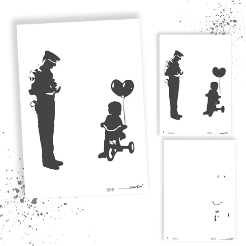 LaserCad Schablonen BANKSY Streetart (B039, Tricycle Girl and Cop (2 layer), DIN A3) Stencil für Graffiti, Airbrush, Kunst, Deko, zum Malen von LaserCad