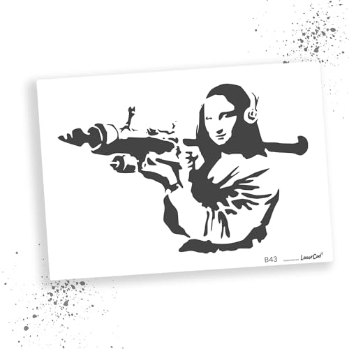 LaserCad Schablonen BANKSY Streetart (B043, Mona Lisa Bazooka, DIN A2) Stencil für Graffiti, Airbrush, Kunst, Deko, zum Malen von LaserCad