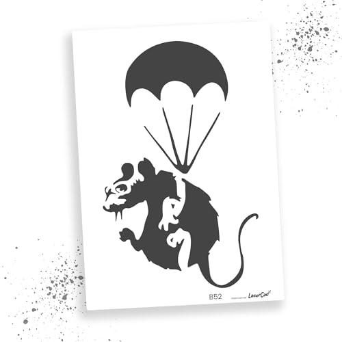LaserCad Schablonen BANKSY Streetart (B052, Parachuting Rat, DIN A5) Stencil für Graffiti, Airbrush, Kunst, Deko, zum Malen von LaserCad