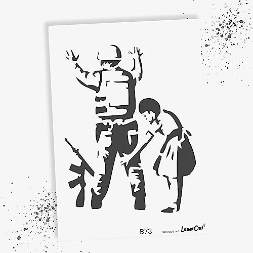LaserCad Schablonen BANKSY Streetart (B073, Girl Frisking Soldier, DIN A2) Stencil für Graffiti, Airbrush, Kunst, Deko, zum Malen von LaserCad