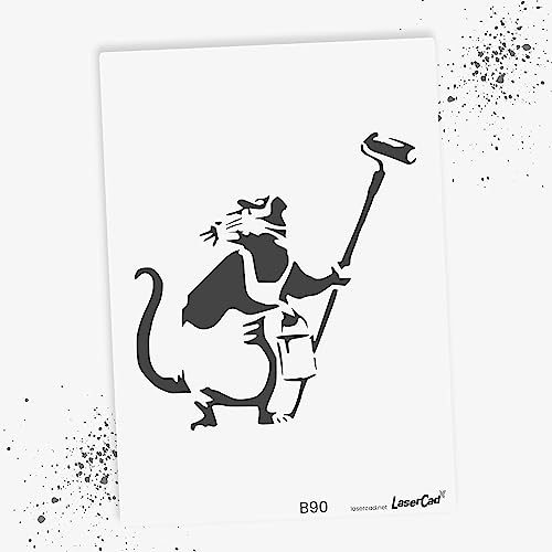 LaserCad Schablonen BANKSY Streetart (B090, Rat with Paintroller, DIN A6) Stencil für Graffiti, Airbrush, Kunst, Deko, zum Malen von LaserCad