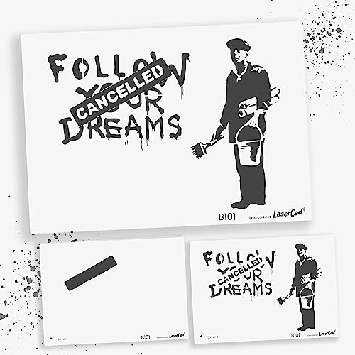 LaserCad Schablonen BANKSY Streetart (B101, Dreams Cancelled, DIN A3) Stencil für Graffiti, Airbrush, Kunst, Deko, zum Malen von LaserCad