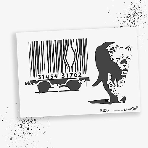 LaserCad Schablonen BANKSY Streetart (B106, Barcode Leopard, DIN A7) Stencil für Graffiti, Airbrush, Kunst, Deko, zum Malen von LaserCad